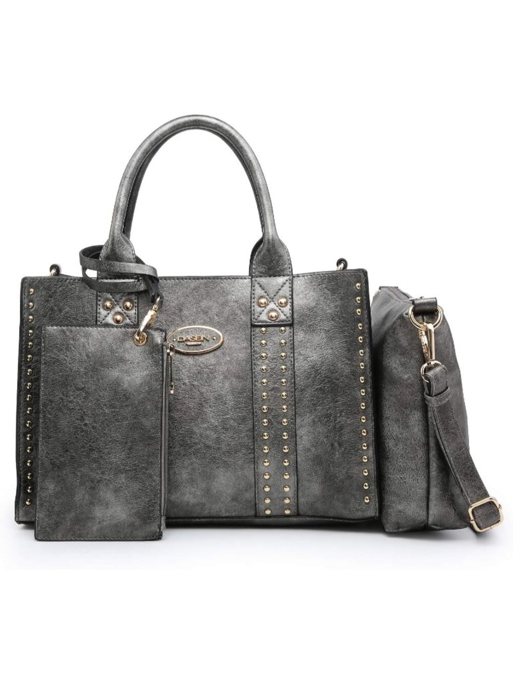 Women's Pewter Wallet Set Top Handle Satchel Shoulder 3pcs Hobo Handbag
